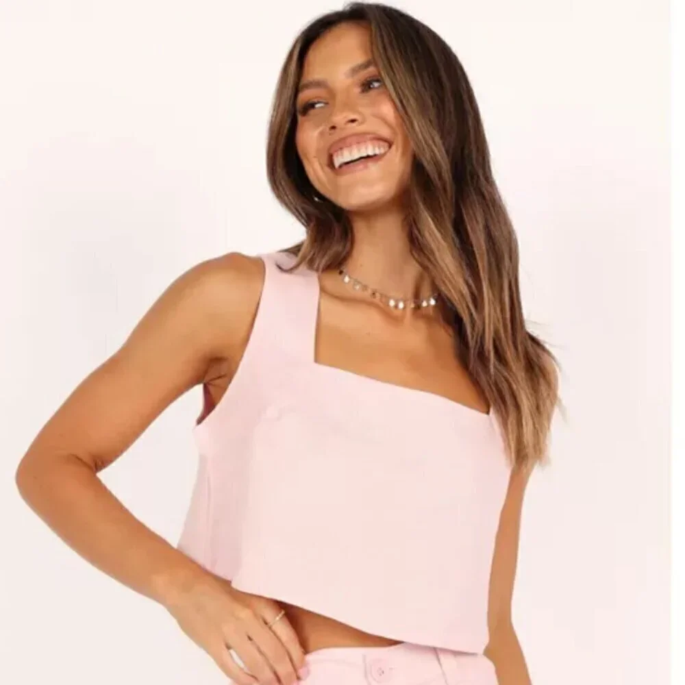 Petal & Pup Polly Pink Square Neck Linen Blend Crop Tank Top XL